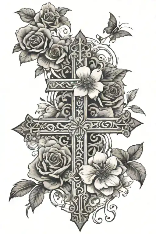 cross, bible verse, flower surrounded tattoo design idea