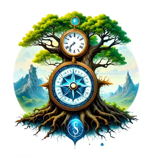 A clock and compass overlooking the Yggdrasil tree tattoo design idea