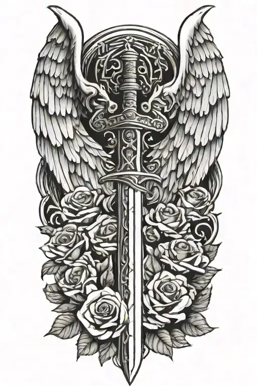 angel wings behind sword, roses tattoo design idea