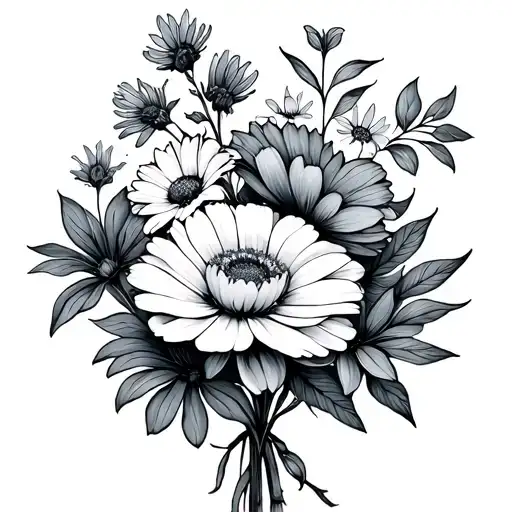 march birth flower, February birth flower, September birth flower and June birth flower in an outline as a bouquet  tattoo design idea