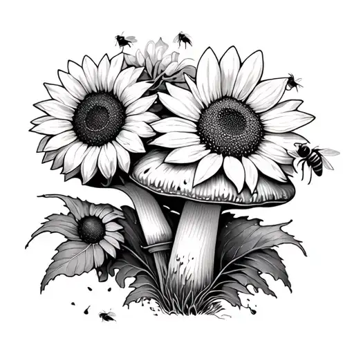 mushrooms, sunflower, butts, bees tattoo design idea