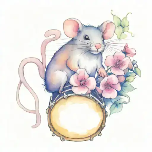 Mouse holding purple Japanese camellia flower sitting on drum kit tattoo design idea