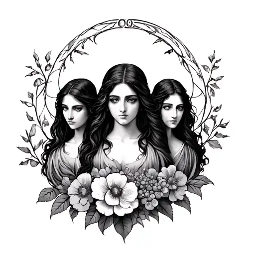 triple goddess with Hawthorne Flowers tattoo design idea