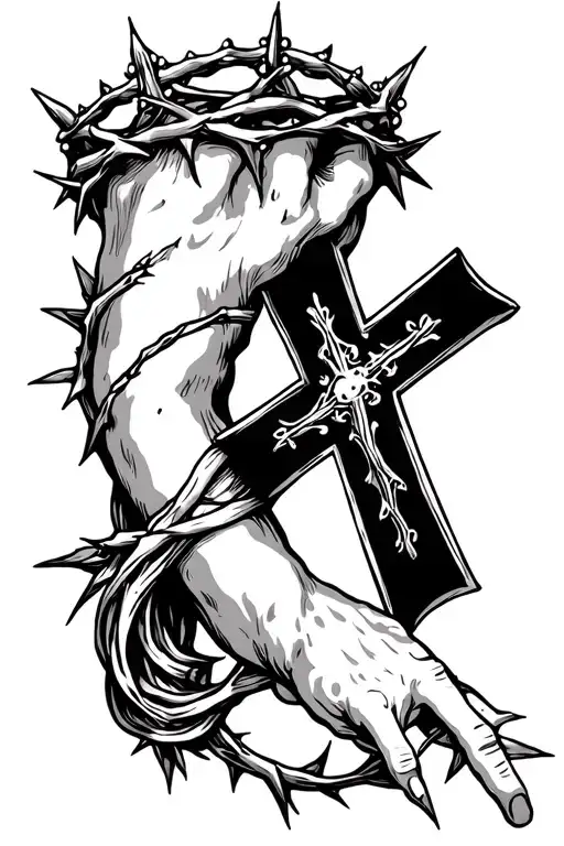 forearm sleeve with cross and crown of thorns wrapped tattoo design idea