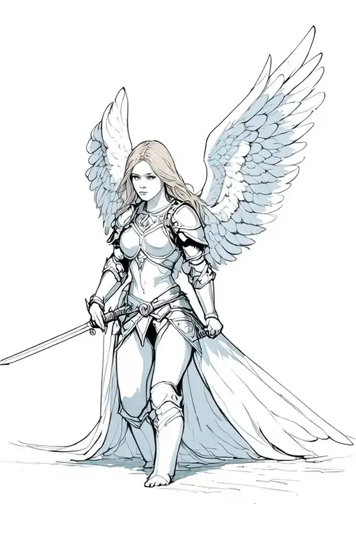 angel woman, wings spread on her knees, light hair in armor, holding a sword pointed down, looking into the distance, tattoo design idea