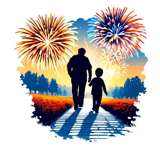 Fireworks in the background with a dad and two kids silhouette walking along a pathway towards them tattoo design idea