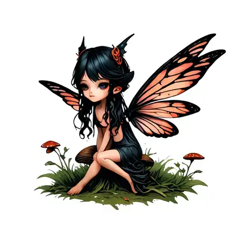 a small dark fairy with leathery wings sitting on top of a Death cap (Amanita phalloides) mushroom.  tattoo design idea