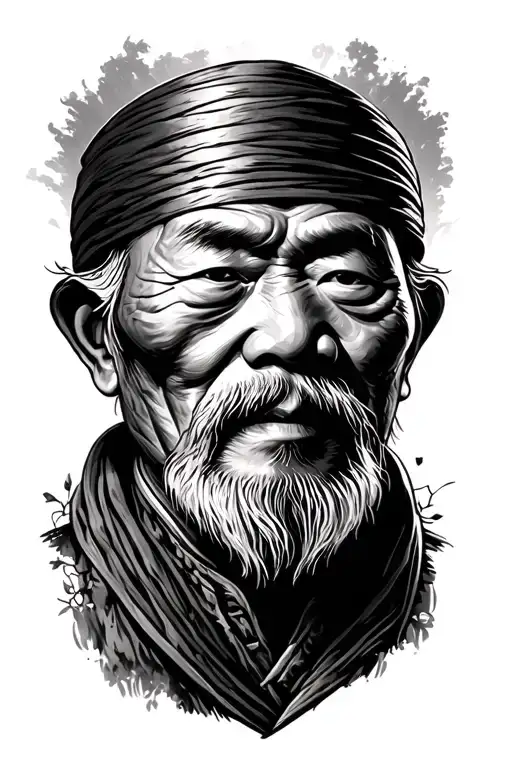 parable of the older Chinese farmer face covered landscape tattoo design idea