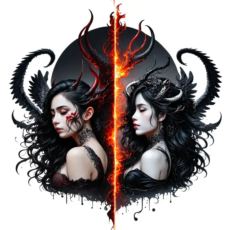  back divided in two parts, good and evil. hell and heaven. angel and devil. ying and jang tattoo design idea