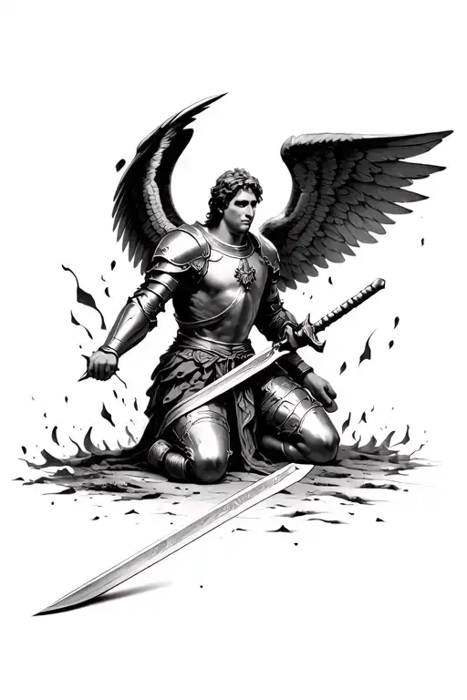st michael in armour kneeling holding sword with wings spread out and burn holes and tattered in dark themed art tattoo design idea