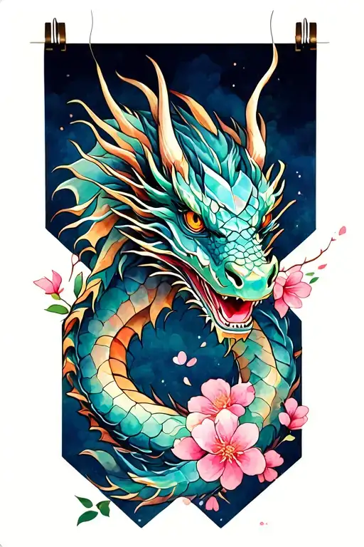 Japanese dragon diamond shape and cherry blossom  tattoo design idea