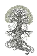 yggdrasil tree with intricate roots representing multiple walks of life coming together tattoo design idea