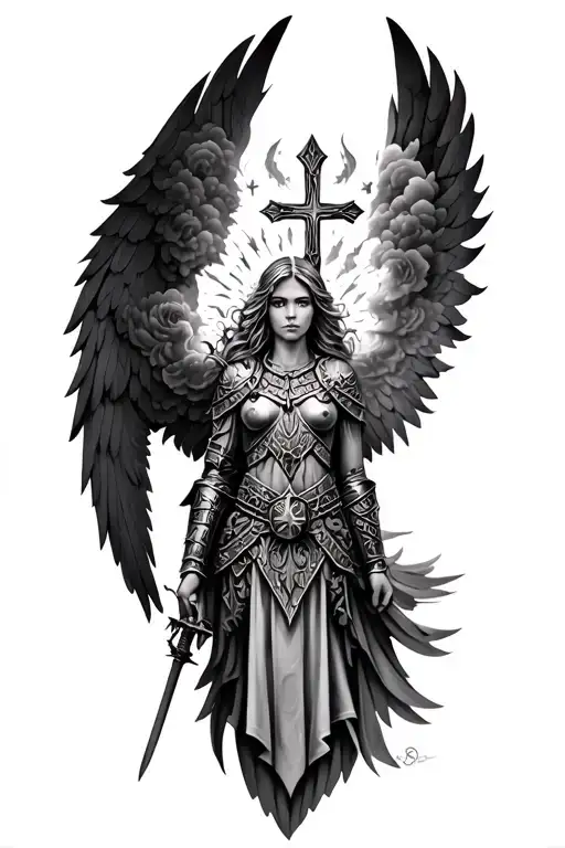 Meaningful warrior angel, Norse Valkyrie, clouds, rays, floral patterns, Norse cross tattoo design idea