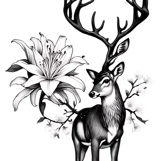 red spider lily with a deer and Japanese cherry blossoms  tattoo design idea