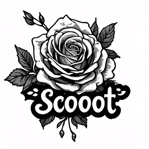 name with "Scoot" in fancy font with a  rose and buttery tattoo design idea