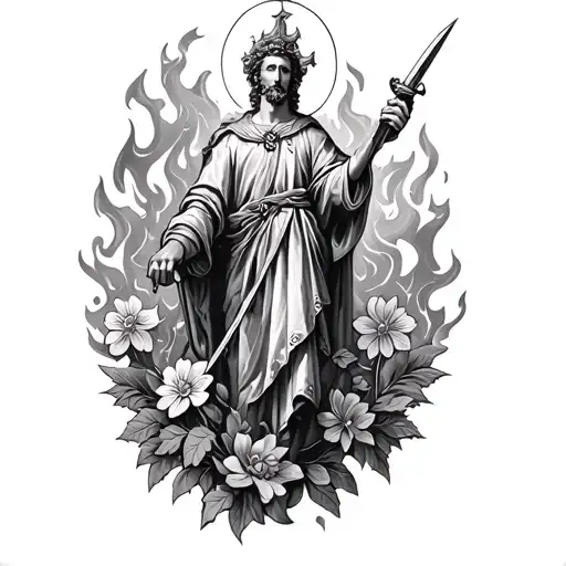 st Florian with fire and flowers tattoo design idea