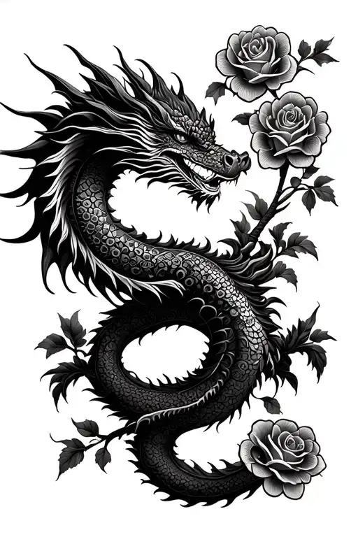 dotwork chinese style Dragon wrapping around roses tattoo design idea