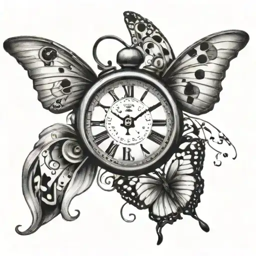 lady bug,clock,music note and butterfly flying tattoo design idea