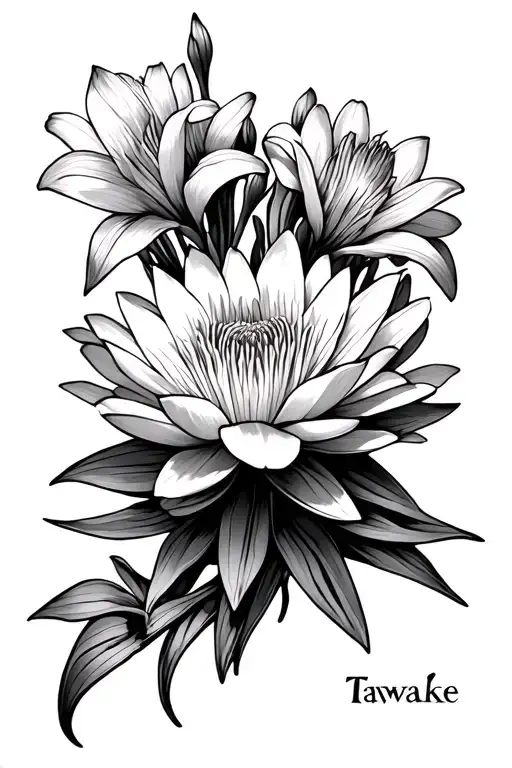"Tawake" Waterlily Gladioli Cosmos tattoo design idea