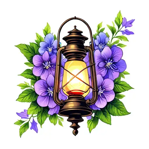 a lantern surrounded by violets tattoo design idea