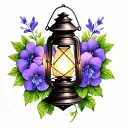 a lantern surrounded by violets tattoo design idea