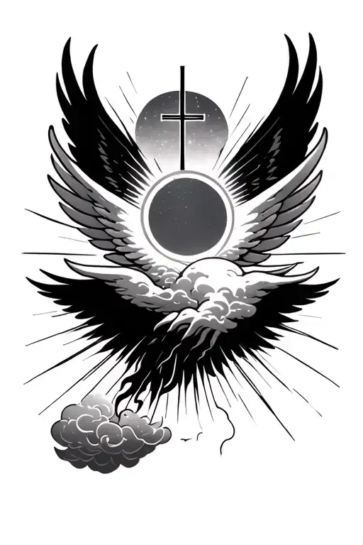 clouds, wings, religious symbol, sun rays tattoo design idea
