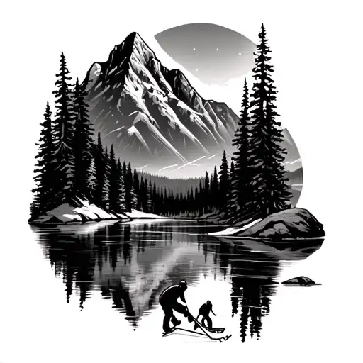 mountain scene with pond hockey on lake tattoo design idea