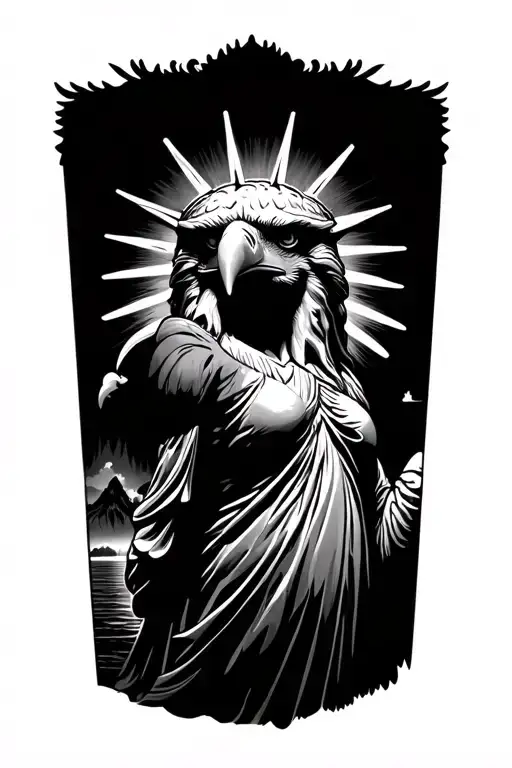 eagle with lady liberty and landscape tattoo design idea