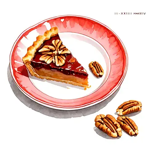 pecan pie slice on red pie plate with  III-XXII-MMXXV on rim  tattoo design idea