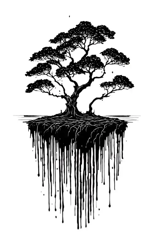 floating islands tree growing with beanches tattoo design idea
