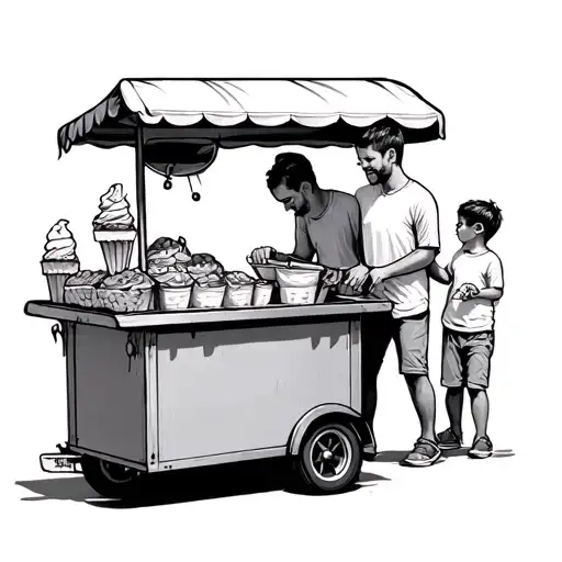 Father and son pushing an ice cream cart created tattoo design idea