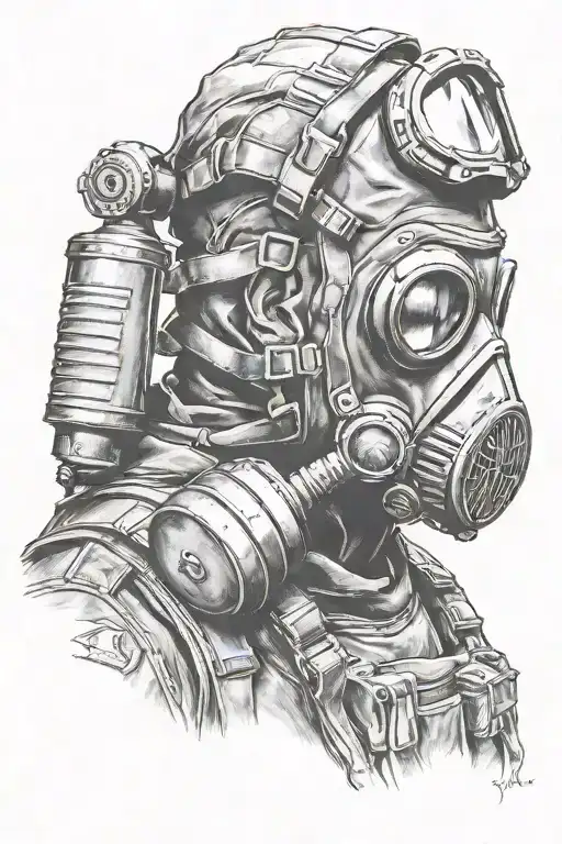 Soldier with gas mask looked from the side view tattoo design idea