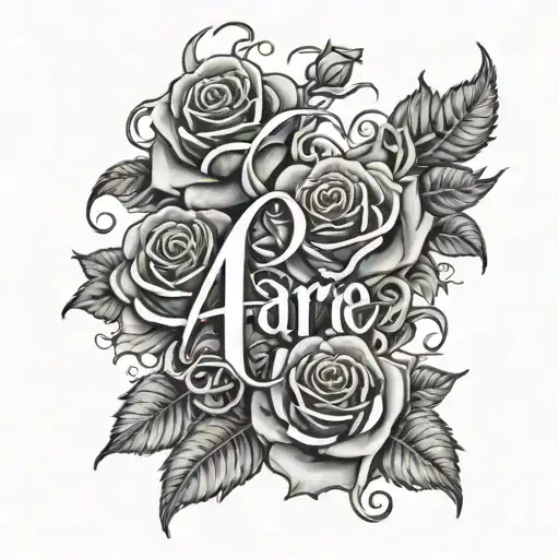 the name Arie with flames and roses tattoo design idea