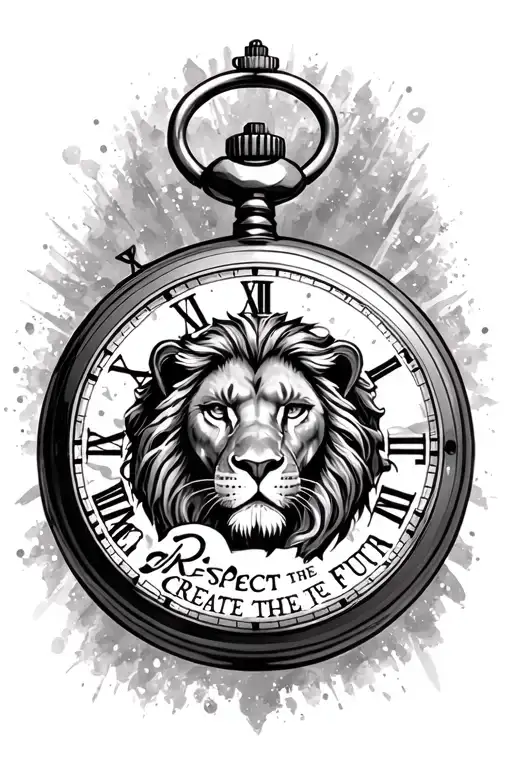 i want a pocket watch with a lion and text saying respect the past create the future tattoo design idea