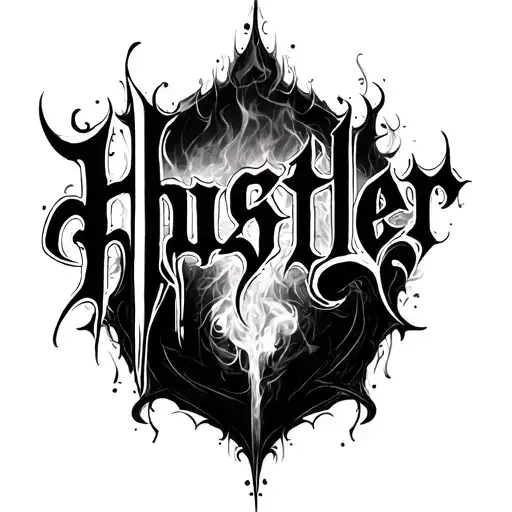 a tattoo design of the word 'Hustler' in an intense, gothic calligraphy style with a smoky, shadowy effect. The text app tattoo design idea
