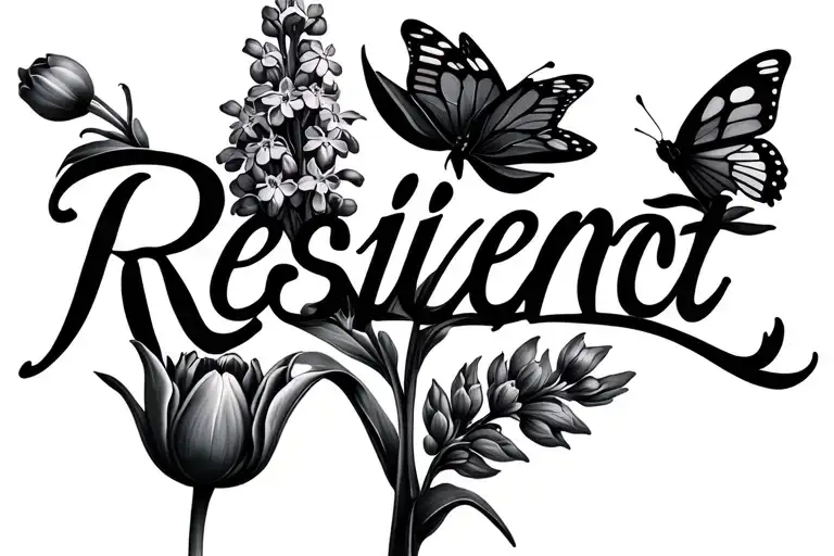 the word resilient with 1 tulip and butterfly bush flowers tattoo design idea