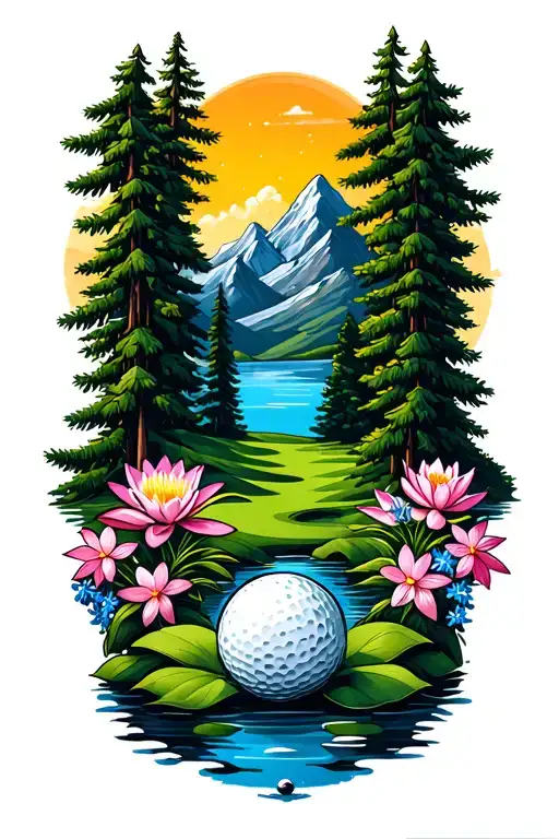 mystical golf course landscape with golf ball mountain flowers pine trees water lily larkspur tattoo design idea