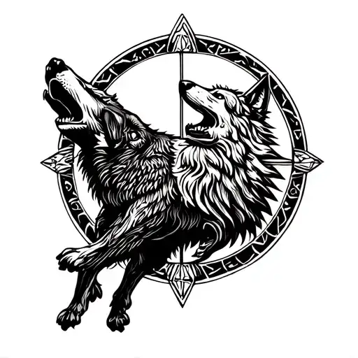 medal of Saint Benedict and wolf howling tattoo design idea
