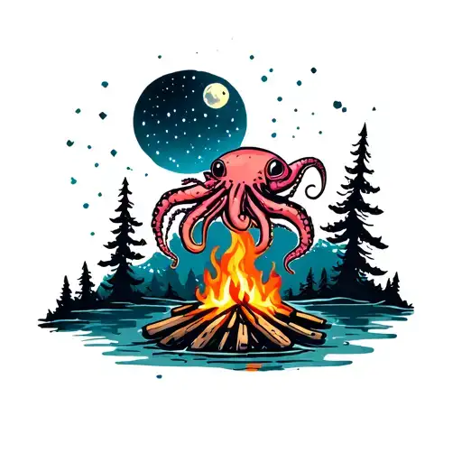 A squid poking a campfire under a starry night sky, with a lake in the background and trees around tattoo design idea