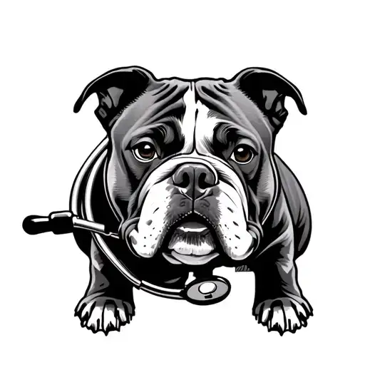 An American bully dog with a stethoscope around its neck, representing the client's love for their pet and healthcare profession tattoo design idea