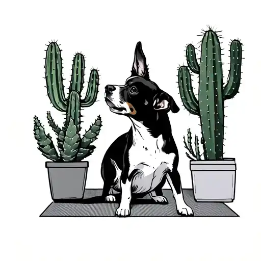 outline sketch of dog stretching on yoga mat surrounded by potted cacti with box border around scene, simple tattoo design idea