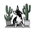 outline sketch of dog stretching on yoga mat surrounded by potted cacti with box border around scene, simple tattoo design idea