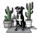 outline sketch of dog stretching on yoga mat surrounded by potted cacti with box border around scene, simple tattoo design idea