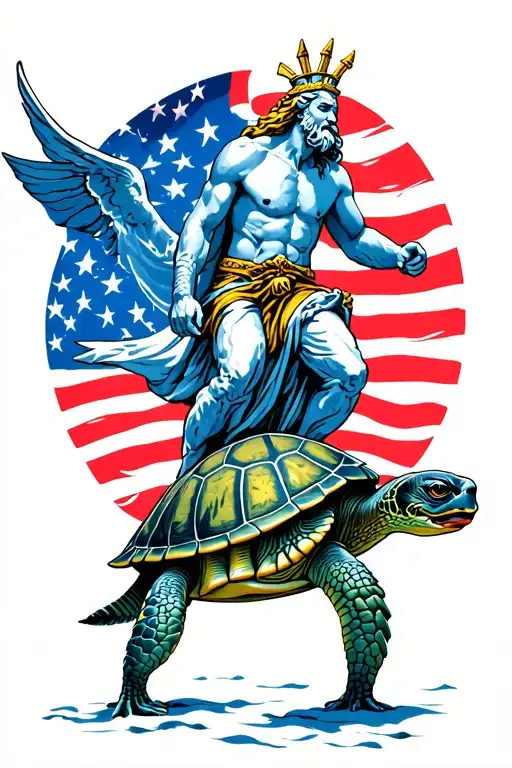 ZEUS RIDING ON A NAVY SHELLBACK TURTLE WITH A STAR SPANGLED BACKGROUND tattoo design idea