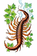 centipede surrounded by ivy leaves and smoke tattoo design idea