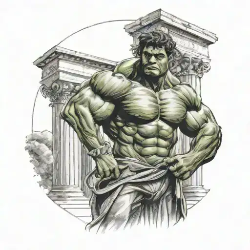 hulk standing in between two roman columns making the roman numeral 2 tattoo design idea