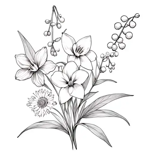 create a flower bouquet with 2 narcissus, lily of the valley, hawthorn, and a marigold with lose stems tattoo design idea