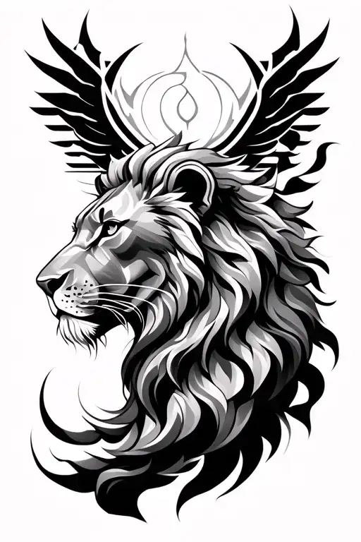 please make a tattoo design with geometric realism style with spiritual symbolism. with a focus on lion statues, and man tattoo design idea
