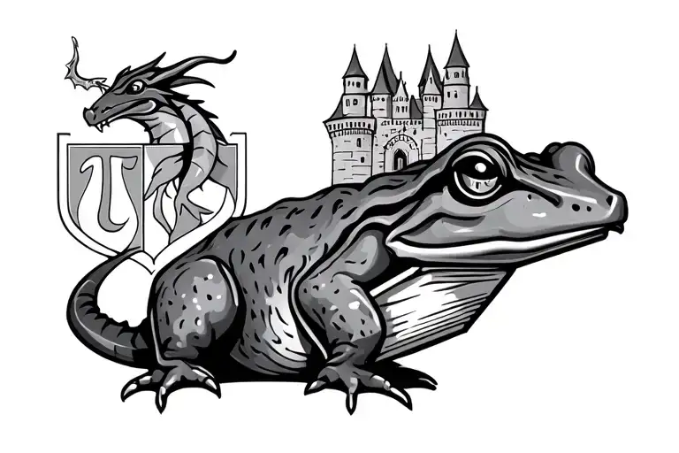  I would like a castle, a wizard bullfrog, the Bedwell coat of arms, the symbol for pi, a dragon and books tattoo design idea