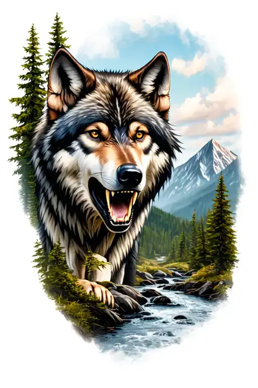 snarling wolf in forest with mountains and a stream tattoo design idea